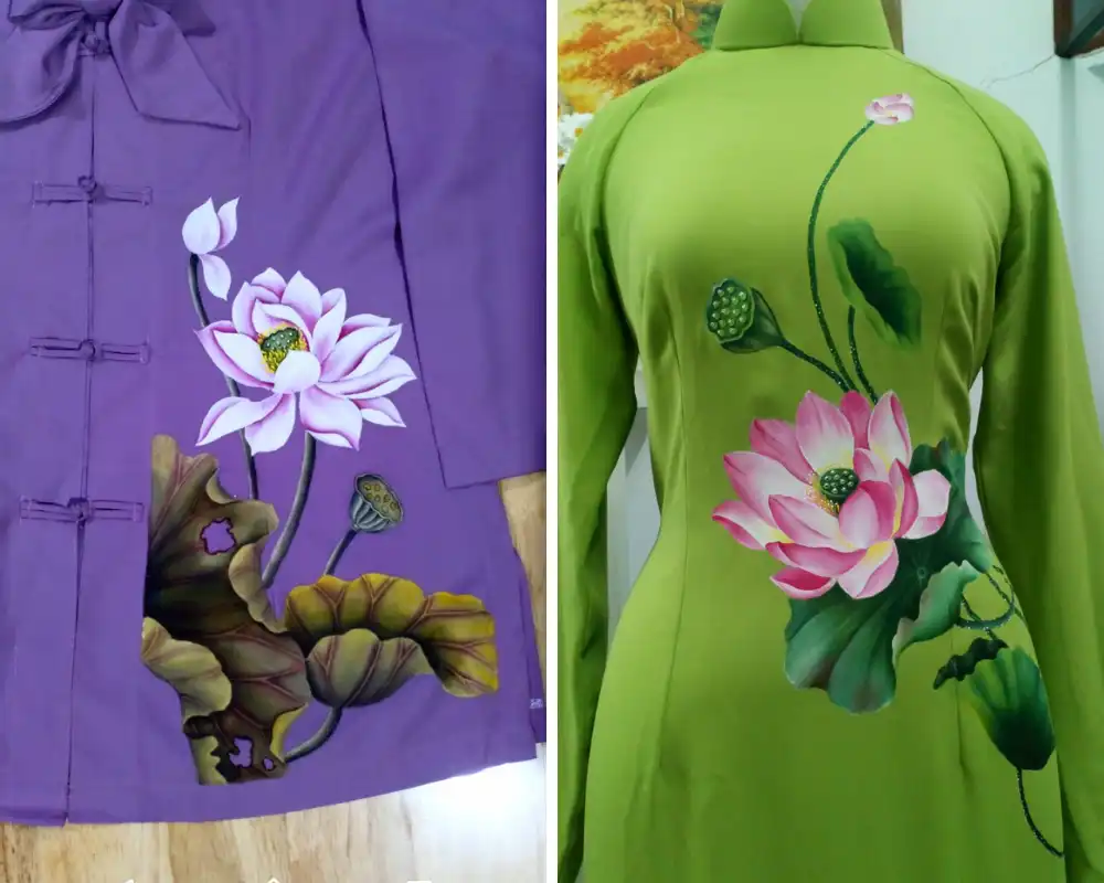 vẽ áo dài cô dâu mệnh thuỷ hoạ tiết hoa sen