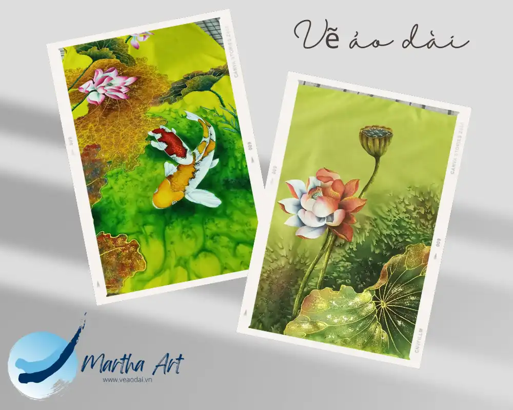 vẽ áo dài cô dâu mệnh thuỷ hoạ tiết hoa sen